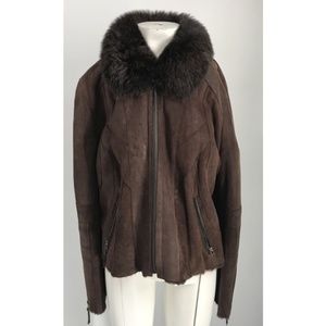 Di Bello womens brown genuine shearling basic jacket fur collar zip up sz M